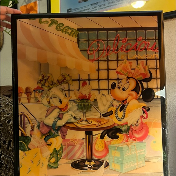 Vtg 80s Disney Minnie Mouse & Daisy Duck Ice Cream Diner laminated Framed Large - Picture 2 of 9